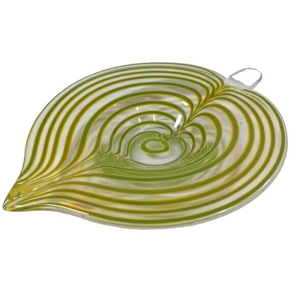Mid Century Murano Centerpiece Bowl Tyra Lundgren Leaf Stripes Green Yellow - Picture 5 of 16